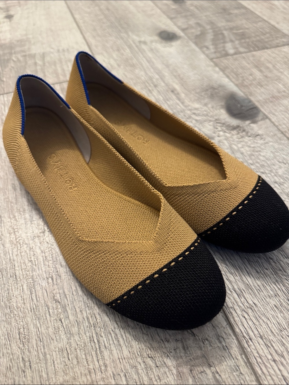 Rothy's Tan Knit Flats with Black Toe and Blue Trim
